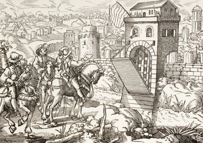 De belegering van een stad. Het belegerende leger leest de voorwaarden voor overgave van de stad en opent de poorten. door Paul Lacroix