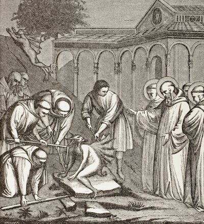 Sint Benedictus en de duivel. Toen Benedictus een kapel bouwde, zat de duivel op een steen en niemand kon hem bewegen totdat Benedictus de steen zegende. Toen vluchtte de duivel. door Paul Lacroix