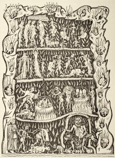 De kwellingen van de hel. Uit een miniatuur in een 12e eeuws manuscript, vernietigd na een brand in de bibliotheek van Strasburg tijdens een Pruisisch bombardement. door Paul Lacroix