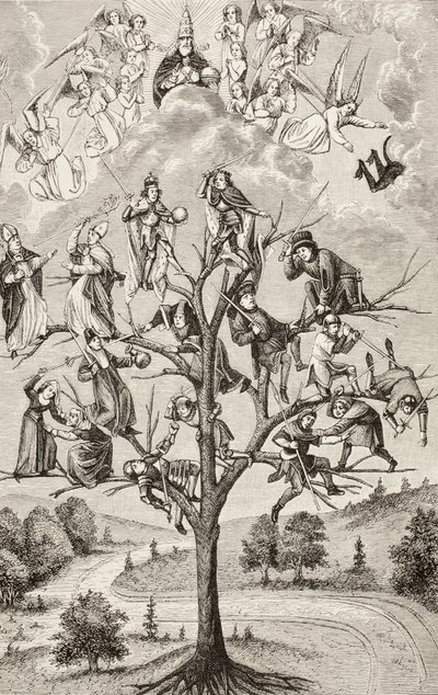 De boom van gevechten. Allegorische figuren die de verdeeldheid tussen sociale klassen uitbeelden. Naar een 15e eeuws manuscript. door Paul Lacroix