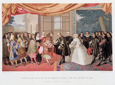 Dertigjarige Oorlog: Ontmoeting van de koning van Frankrijk Lodewijk XIV en Filips IV van Spanje op het eiland Paisans op 7/11/1659. Spanje stemt in met het ondertekenen van het Verdrag van de Pyreneeën. De dochter van Filips IV, Marie Therese door Paul Lacroix