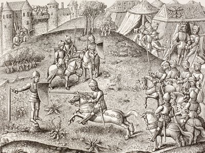 De draaiende afbeelding van een ridder. Naar een miniatuur in de 15e-eeuwse Chroniques De Charlemagne. door Paul Lacroix