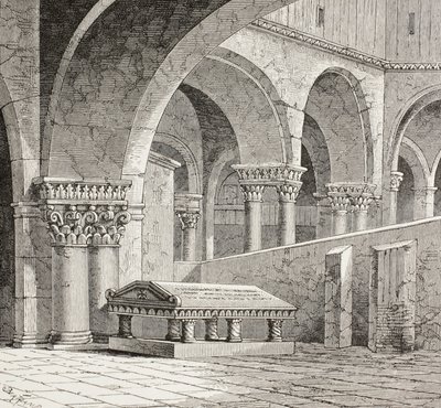 Graf van Godfried De Boullon, C 1060 - 1100, zoals het bestond in de kerk van het Heilig Graf, Jeruzalem. Het graf is nu vernietigd. Naar een tekening ter plaatse gemaakt in 1828. door Paul Lacroix