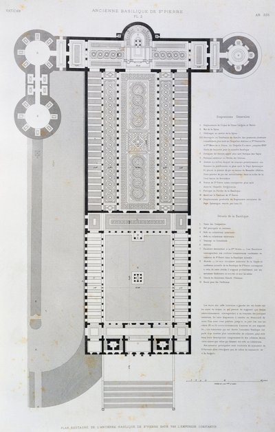 Herstelde indeling van de Oude Basiliek gebouwd door keizer Constantijn, gravure uit Vaticaan en Sint-Pietersbasiliek door Paul Marie Letarouilly