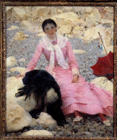 Portret van Fernande Mathey (1857-1941) op het strand door Paul Mathey