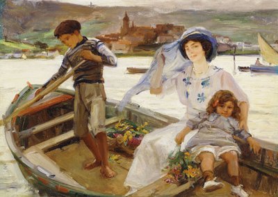 Een Moeder en Kind die een Rivier Oversteken met een Stad op de Achtergrond door Paul Michel Dupuy