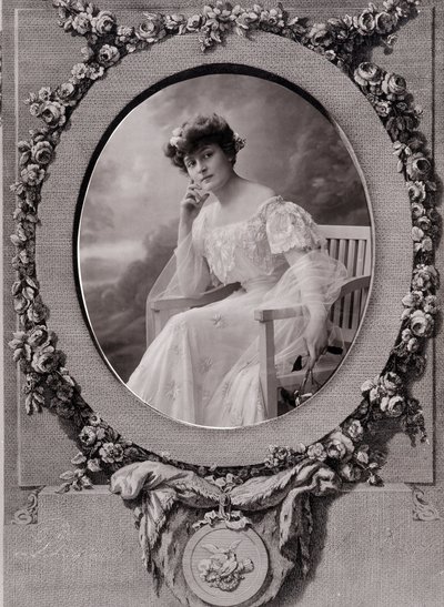Portret van een dame zittend op een ovale bank in een met bloemen versierde achtergrond door Paul Nadar
