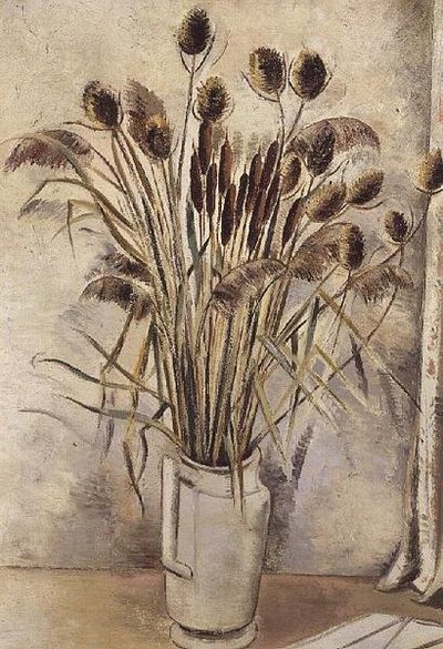 Stilleven met lisdodden in een witte kan door Paul Nash