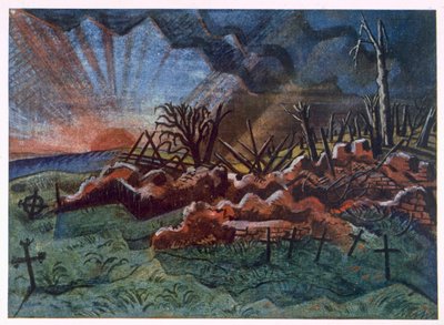 Zonsopgang, ruïnes van een hospice, noordwest van Wytschaete, vernietigd door bombardement in 1917, uit British Artists at the Front, Continuation of The Western Front, Part Three, Paul Nash door Paul Nash