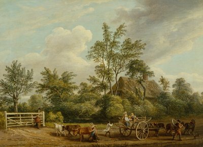 Een hooikar met boerenarbeiders en vee nabij Easton Park, Suffolk door Paul Sandby