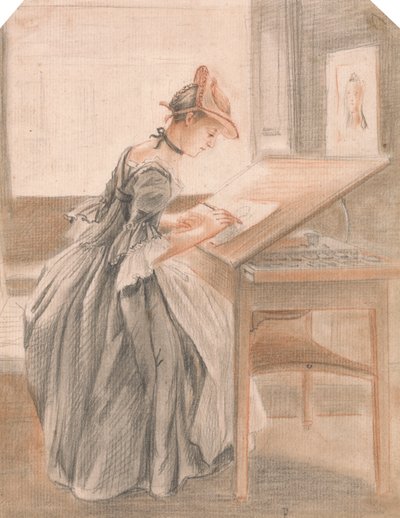 Een dame die kopieert aan een tekentafel door Paul Sandby
