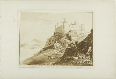 Kasteel Harlech in Merioneth Shire met Snowdon in de verte door Paul Sandby
