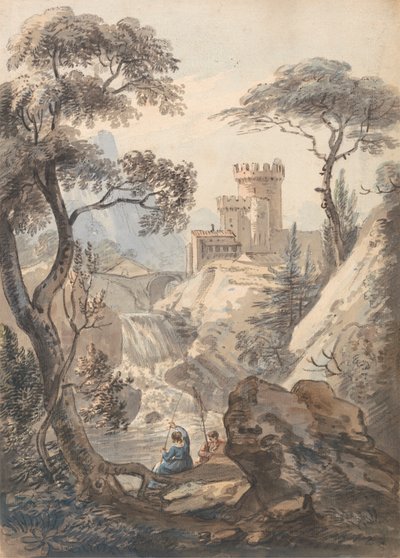 Italiaans landschap met kasteel, waterval en vissers door Paul Sandby