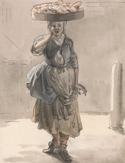 Londense kreten: Een meisje met een mand op haar hoofd ("Lichtjes voor de katten, lever voor de honden") door Paul Sandby