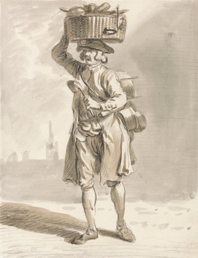 Londense kreten: Een man met een mand (man die potten en pannen verkoopt) door Paul Sandby