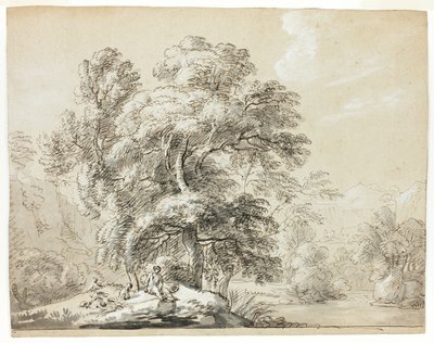 Man en hond zittend onder bomen bij rivier door Paul Sandby