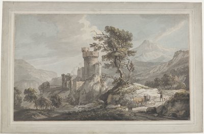 Berglandschap met ruïne, een hoge boom en herder met vee door Paul Sandby
