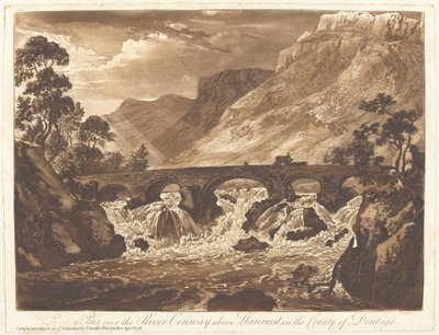 Pont-y-Pair over de rivier Conway boven Llanrwst in het graafschap Denbigh door Paul Sandby