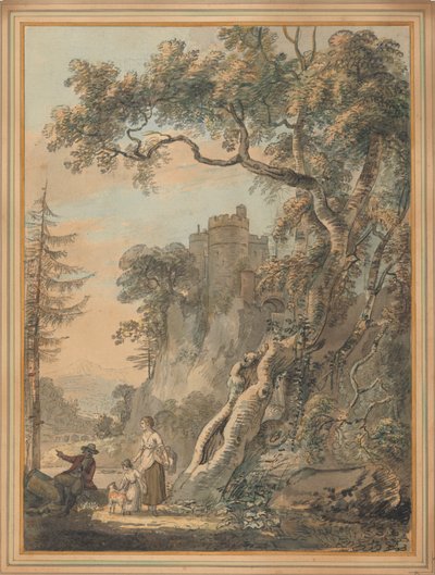 Romantisch landschap - Boeren aan de voet van een kasteel op een rots door Paul Sandby