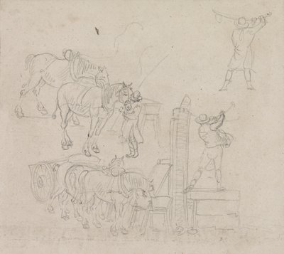 Studies van een voerman die water pompt voor zijn paarden door Paul Sandby
