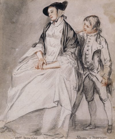 Studie van mevrouw Mercier zittend in een stoel, en haar jongste zoon, Henry Mercier, staand achter haar door Paul Sandby
