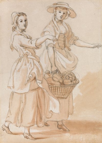Twee meisjes met een mand door Paul Sandby