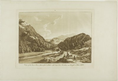 Uitzicht op de rivier de Dee op 3 mijl van Bala, met de berg Cadar-Idris bij Dolgelli op 30 mijl afstand, plaat negen uit Twelve Views in Wales door Paul Sandby