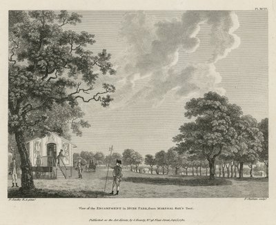 Uitzicht op het kampement in Hyde Park vanuit de tent van Maarschalk Sax door Paul Sandby
