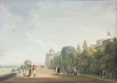Windsor Castle: het noordterras kijkend naar het oosten, met elegante figuren, 1803 door Paul Sandby