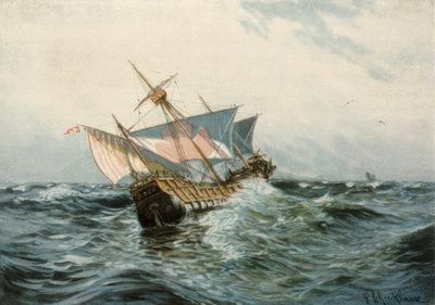 Het schip van Columbus, Sta. Maria, bij stormachtig weer door Paul Schreckhaase