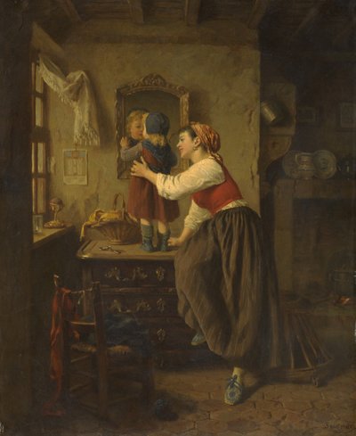 Vrouw en kind voor een spiegel, 1870s door Paul Seignac