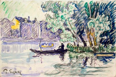 Visser in een boot nabij een oever van de Seine, ca. 1900 door Paul Signac