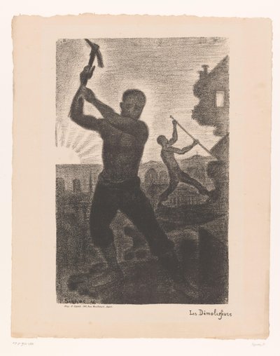 Twee mannen slopen een gebouw door Paul Signac