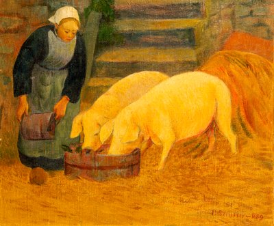 Een jong meisje dat twee varkens voedt, 1889 door Paul Sérusier
