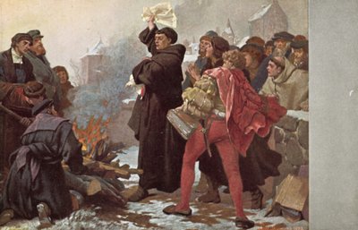 Maarten Luther verbrandt de pauselijke bul die hem met excommunicatie bedreigt voor de Elstertor in Wittenberg, Duitsland, 10 december 1520 door Friedrich Paul Thumann