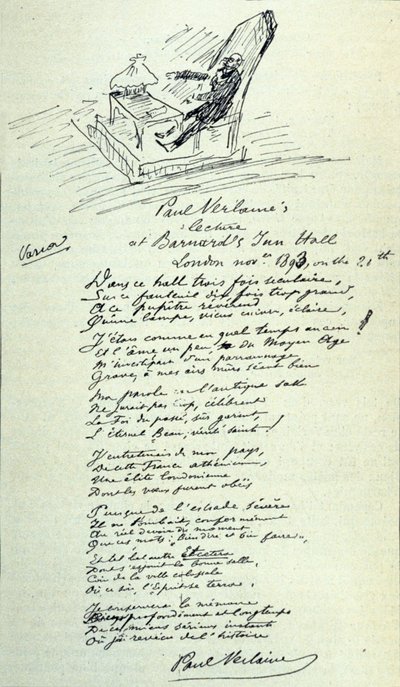 Gedichtteken van de Franse dichter Paul Verlaine (1844-1896) met schets van de vertegenwoordiger tijdens een lezing. 21/11/1893 door Paul Verlaine