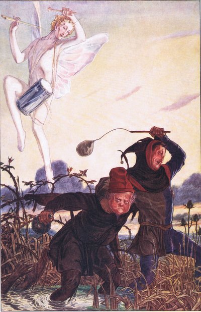 Leid monster, we zullen volgen. Ik wou dat ik Taboreri kon zien: Hij legt het erop, illustratie uit De Storm, 1908 door Paul Vincent Woodroffe