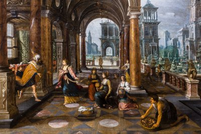 Salomo verwelkomt de koningin van Scheba in zijn paleis door Paul Vredeman de Vries