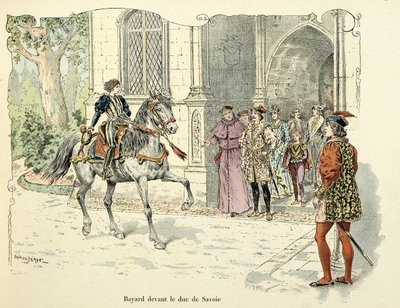 Illustratie uit het boek Histoire du chevalier Bayard door Theodore Cahu, geïllustreerd door Paul De Semant: Bayard op 11-jarige leeftijd voor de hertog van Savoye 1486 door Paul de Semant
