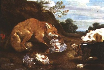 Vos en honden vechten om patrijzen door Paul De Vos