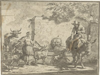 Vrouw en een man op een ezel bij een waterbron door Paul van Somer (II)