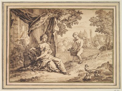 Vrouwen zittend onder pilaar met putto door Paul van Somer