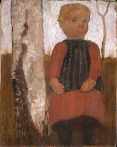 Kind in rood kleed bij berkenstam door Paula Modersohn-Becker