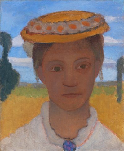 De Zus van de Kunstenaar Herma met een Krans van Madeliefjes op haar Hoed door Paula Modersohn Becker