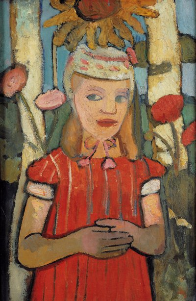 Meisje in rode jurk voor zonnebloem, 1907 door Paula Modersohn Becker