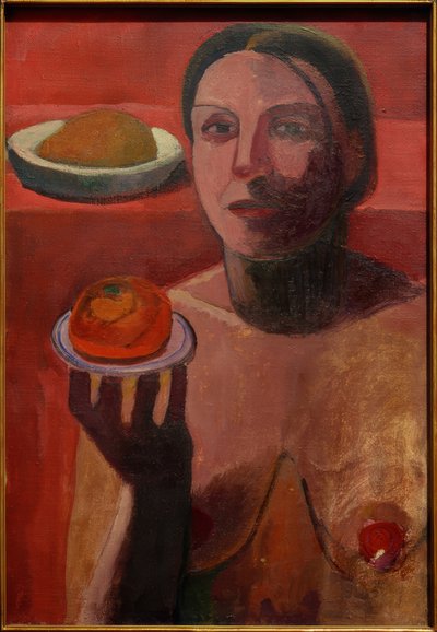 Halfnaakte Italiaanse Vrouw met Bord in de Opgeheven Hand door Paula Modersohn Becker