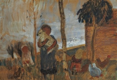 Kinderen en kippen voor landschap. Om 1902 door Paula Modersohn Becker