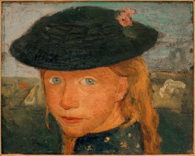 Hoofd van een klein meisje met strohoed door Paula Modersohn Becker