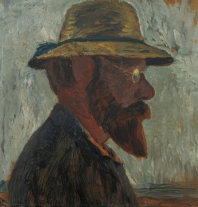 Otto Modersohn met strohoed in profiel naar rechts door Paula Modersohn Becker