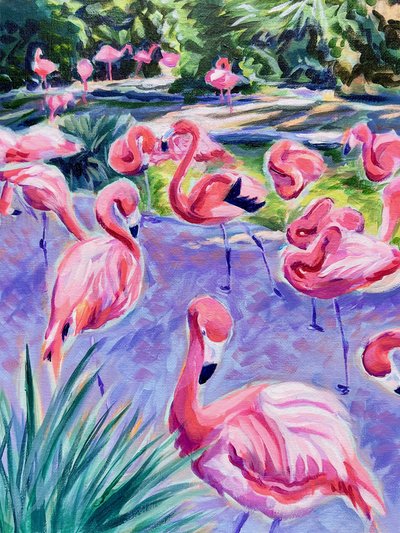 Roze flamingo’s in een tropisch landschap door Pauline Wegman | Key and Sea Creative